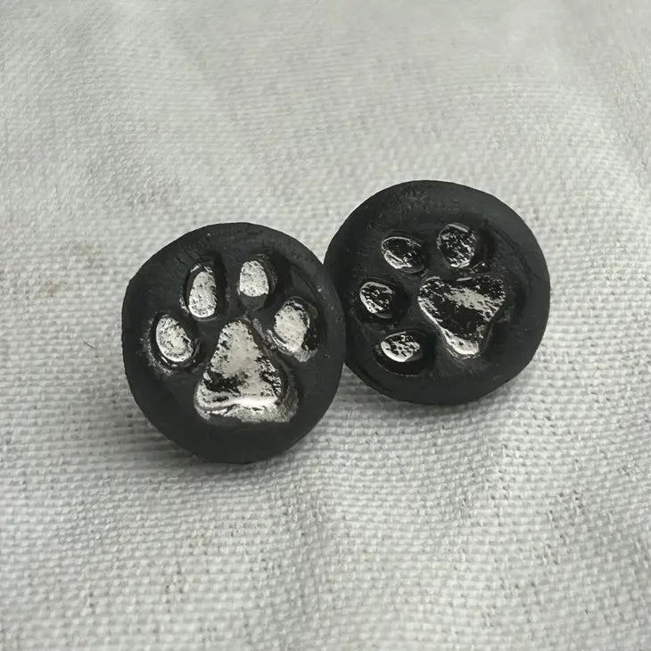 Black and Silver Paw Print Studs