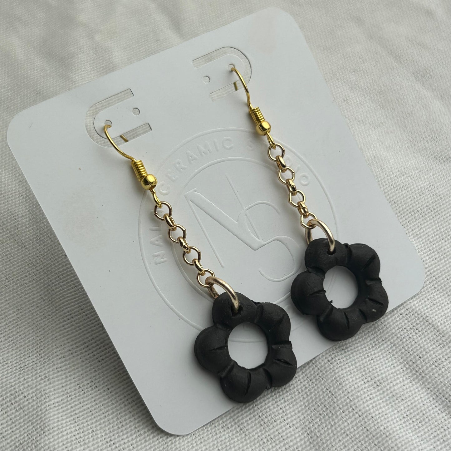 Textured Obsidian Flower Dangles